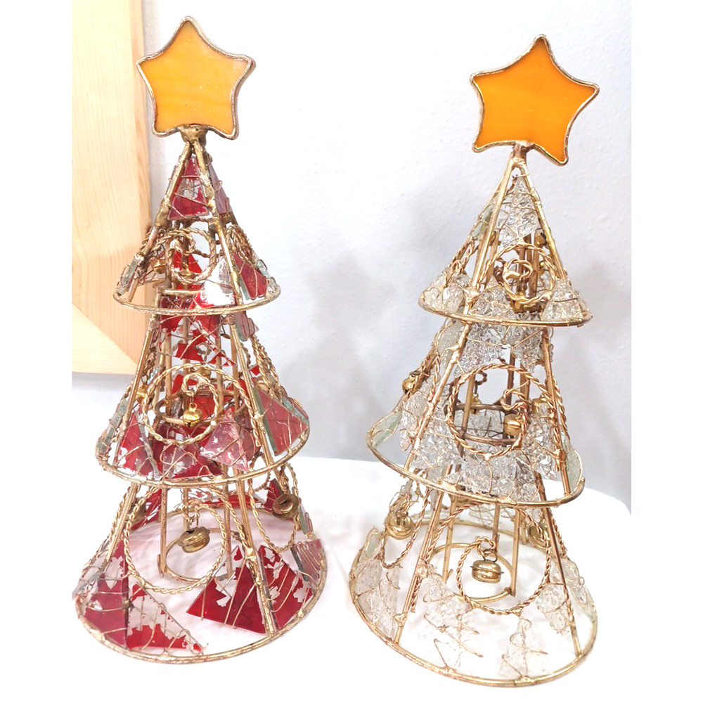 Christmas Gold Wire Glass Tree Candle Holder Clear & Crackle Red 11" Set